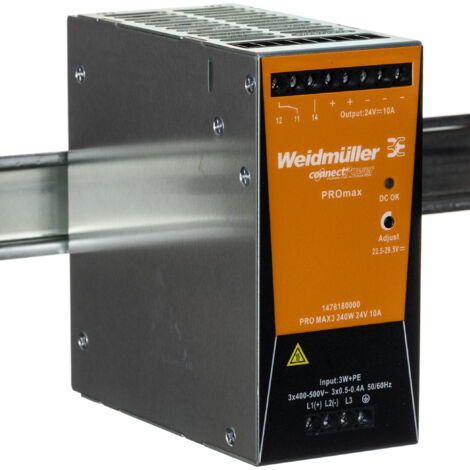 Alimentation pour rail DIN Weidmuller, série PRO MAX, 24V c.c.out 10A, 240W ( Prix pour 1 )
