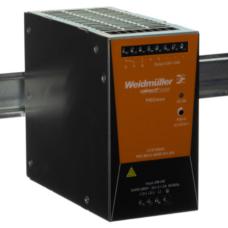 Alimentation pour rail DIN Weidmuller, série PRO MAX, 24V c.c.out 20A, 480W ( Prix pour 1 )