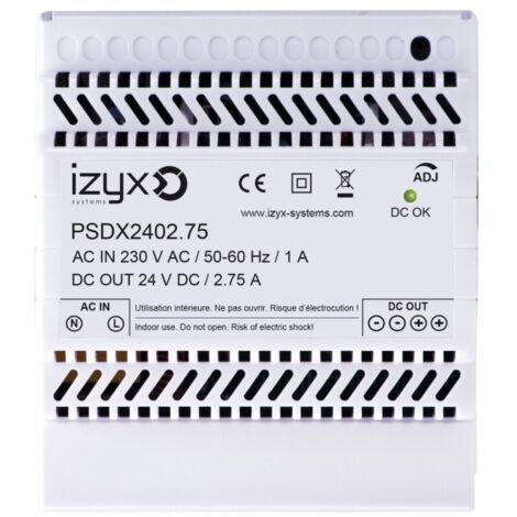 Alimentation à découpage 24VDC 2.75A – Protection contre courts-circuits et surtensions – Rail DIN pour installations professionnelles – Cdvi