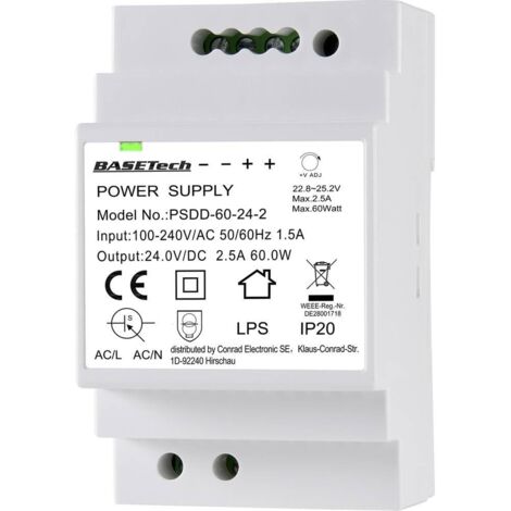 Alimentation rail DIN Basetech PSDD-60-24-2 24 V 2.5 A 60 W Nbr. de sorties:2 x A372592
