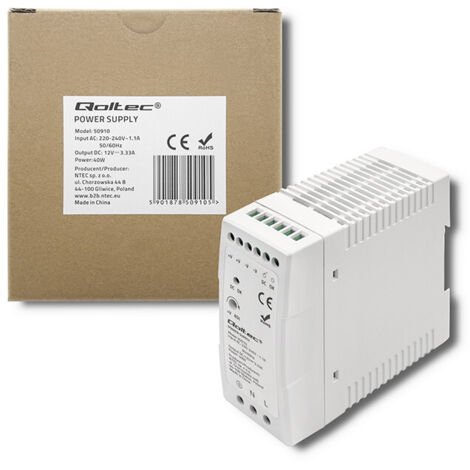 Alimentation sur rail DIN Qoltec  40 W  12 V  3,33 A  Blanc  Fin