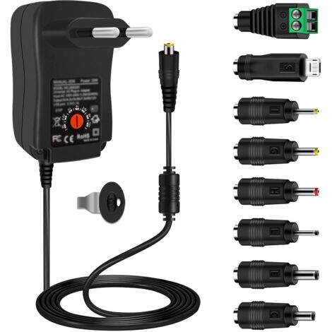 Alimentation universelle 30 W, adaptateur multi-tension AC/DC 12 V, 9 V, 7,5 V, 6 V, 5 V, 4,5 V, 3 V, 1 A, 2 A, avec port USB 5 V 2,1 A et 8 prises DC pour rubans LED, routeurs