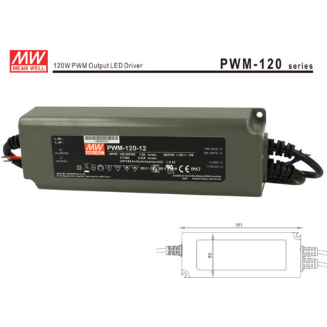 Alimentatore Led MW MEAN WELL PWM-120-12 Dimmerabile 120W 12V IP67 Dimming 3 in 1 0-10V 10V PWM Resistance