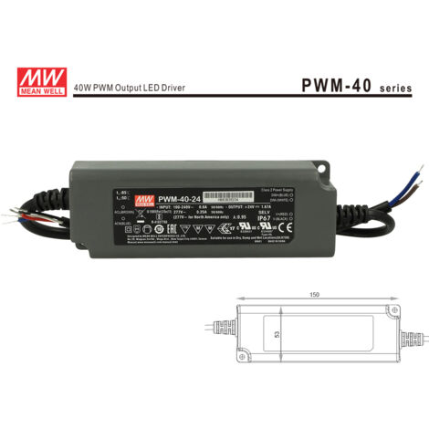 Alimentatore Led MW MEAN WELL PWM-40-24 Dimmerabile 40W 24V IP67 Dimming 3 in 1 0-10V 10V PWM Resistance