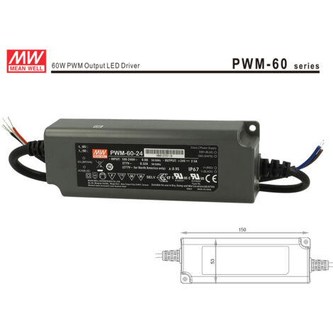 Alimentatore Led MW MEAN WELL PWM-60-24 Dimmerabile 60W 24V IP67 Dimming 3 in 1 0-10V 10V PWM Resistance