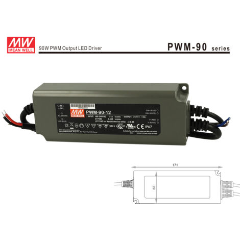 Alimentatore Led MW MEAN WELL PWM-90-12 Dimmerabile 90W 12V IP67 Dimming 3 in 1 0-10V 10V PWM Resistance
