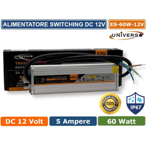 ALIMENTATORE METALLICO STABILIZZATO SWITCHING IMPERMEABILE IP67 220V-12V 5A 60 WATT
