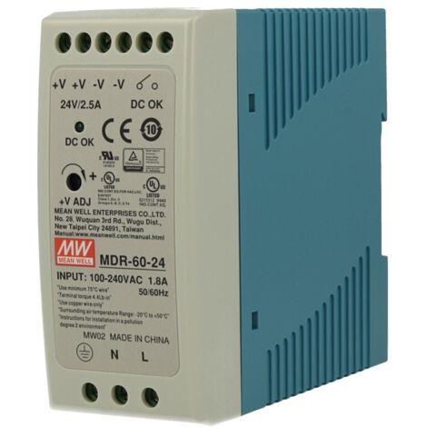Alimentatore Rotaia Industriale MW MEAN WELL MDR-60-24 60W 24V 2,5A Barra Guida DIN Rail Single Power Supply Input 220V 110V