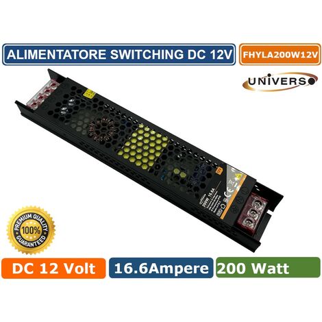 ALIMENTATORE SLIM METALLICO STABILIZZATO 200W PER USO INTERNO DC12V 16.6A 2 USCITE CON MORSETTI A VITE