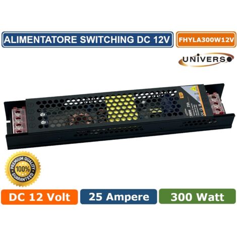 ALIMENTATORE SLIM METALLICO STABILIZZATO SWITCHING TRIMMER 220V 12V 25A 300 WATT COLORE NERO