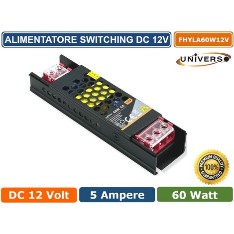 ALIMENTATORE SLIM METALLICO STABILIZZATO SWITCHING TRIMMER 220V DC12V 5A 60 WATT COLORE NERO