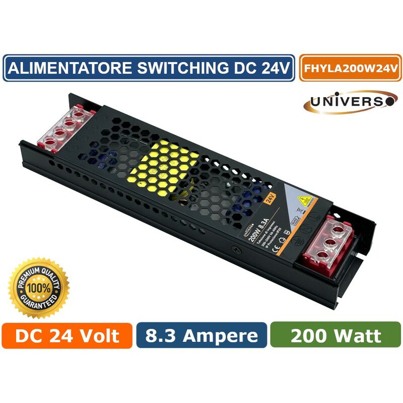 Alimentatore slim metallico stabilizzato switching trimmer 220V-24V 8.3A 200 watt colore nero