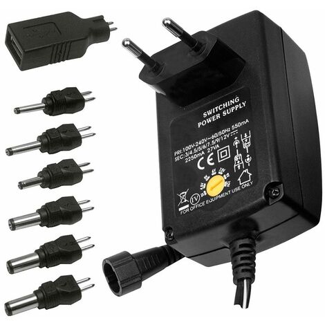 Alimentatore switching con tensione regolabile 3/4,5/5/6/7,5/9/12 Vdc 2250mA, 7 spinotti inclusi - Victory