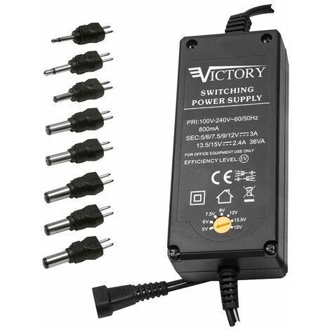 Alimentatore switching con tensione regolabile 5/6/7,5/9/12/13,5/15 Vdc 36W, 8 spinotti inclusi - Victory