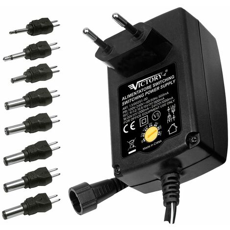 Alimentatore switching con tensione regolabile 9/12/13,5/15/18/20/24 Vdc 24W, 8 spinotti inclusi - Victory