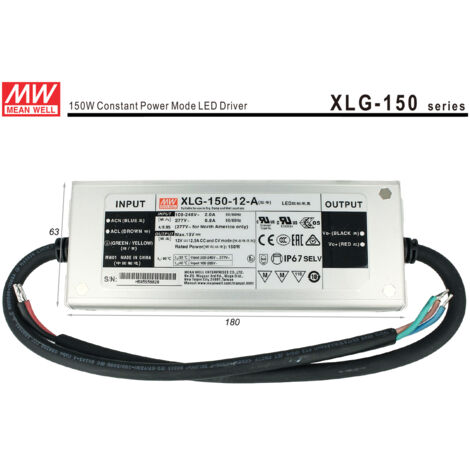 Alimentatore Trasformatore MW MEAN WELL Impermeabile IP67 12V 150W 12,5A XLG-150-12-A