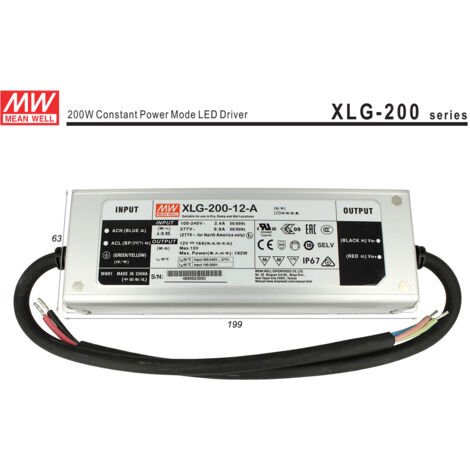 Alimentatore Trasformatore MW MEAN WELL Impermeabile IP67 12V 192W 16A XLG-200-12-A