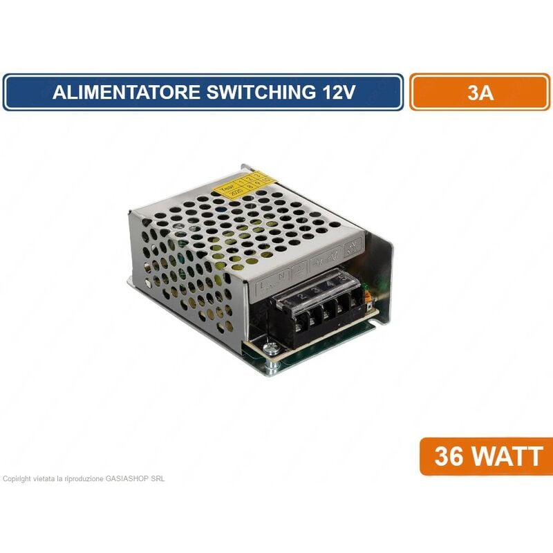 Alimentatore metallico stabilizzato switching con trimmer 220V-12V 3A 36 watt per illuminazione e sistemi di videosorveglianza cctv