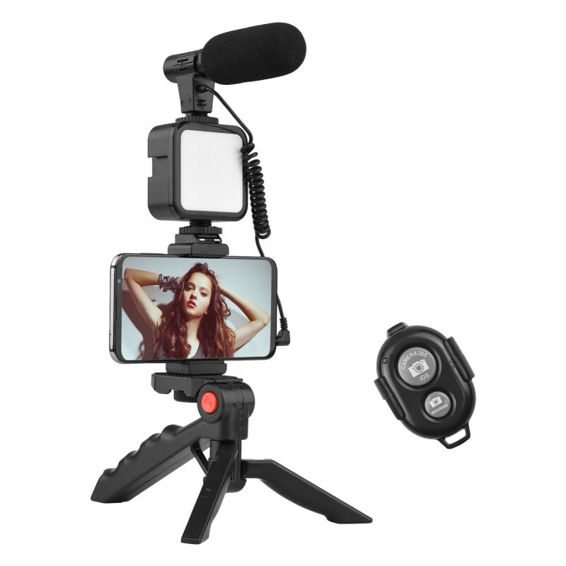 Kit vidéo Vlog pour téléphone avec trépied de table, support de téléphone avec griffe porte-microphone, éclairage vidéo LED, déclencheur à distance
