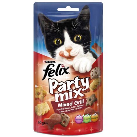 alimento gatto "felix party mix mixed grill" con manzo, pollo e salmone.