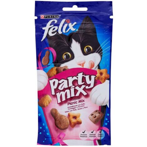 alimento per gatti "felix party picnic mix" al formaggio e tacchino