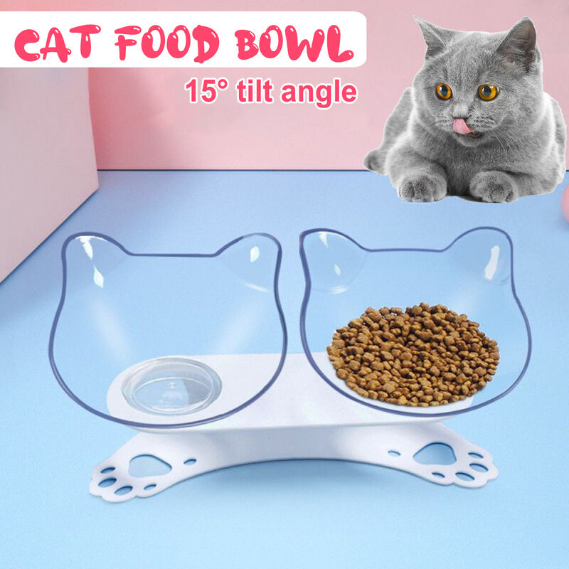 Aliments pour chats Double bol 15 ° Angle d'inclinaison Protection de la colonne vertébrale Conception en plastique Transparent amovible