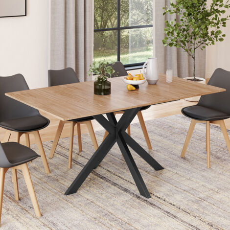 ALIX Mesa de comedor rectangular extensible para 4-8 personas con pata de madera y araña negra 120-160 cm