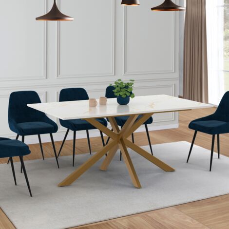 ALIX Mesa de comedor rectangular para 8 personas con pata de araña de latón y tablero efecto mármol blanco ALASKA 160 cm