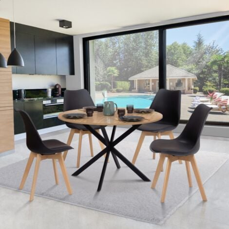 IDMARKET ALIX mesa de comedor redonda para 4-6 personas con patas de madera y araña negra 120 cm