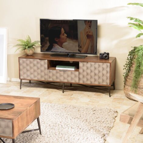 ALIX - Meuble TV en bois manguier 2 portes 1 tiroir motifs ethniques