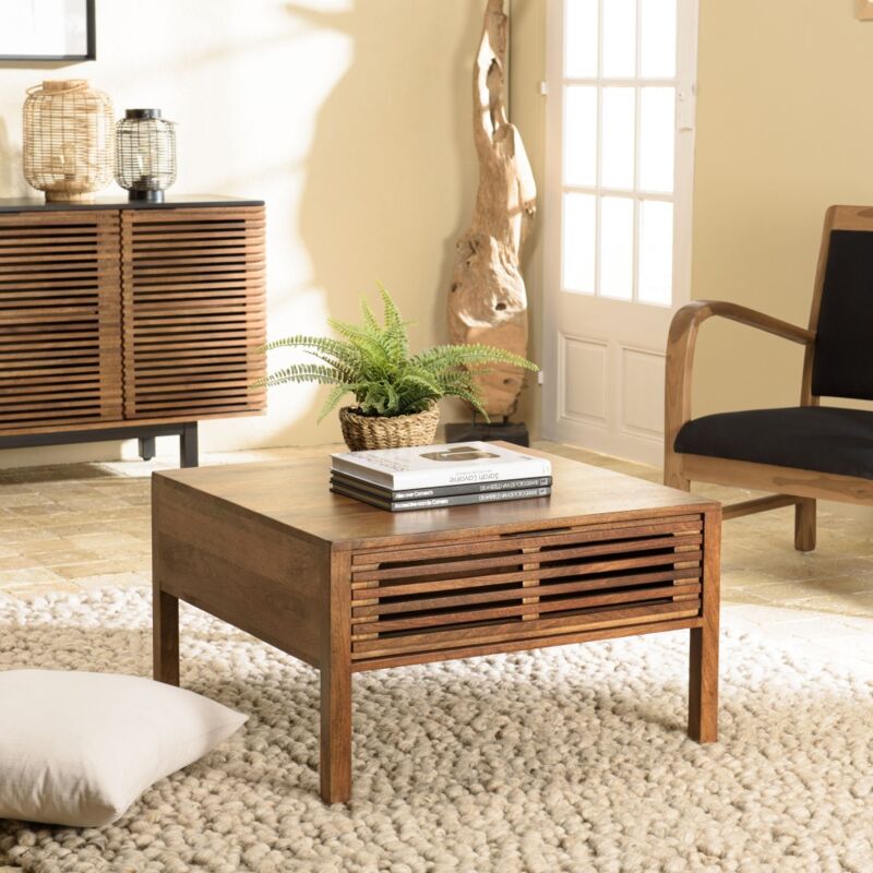 Macabane - alix - Table basse carrée 70x70cm en bois de manguier 2 tiroirs ajourés