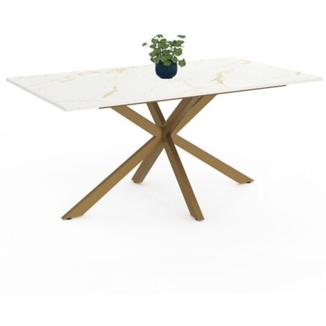 IDMARKET ALIX Tavolo da pranzo rettangolare per 8 persone con gamba a ragno in ottone e piano effetto marmo bianco ALASKA 160 cm