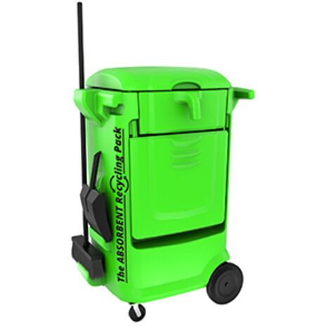 All-in-One Absorbent Storage and Recycling Cart. Stores, Distributes, and Recycles. Supplied with Broom and Dustpan.