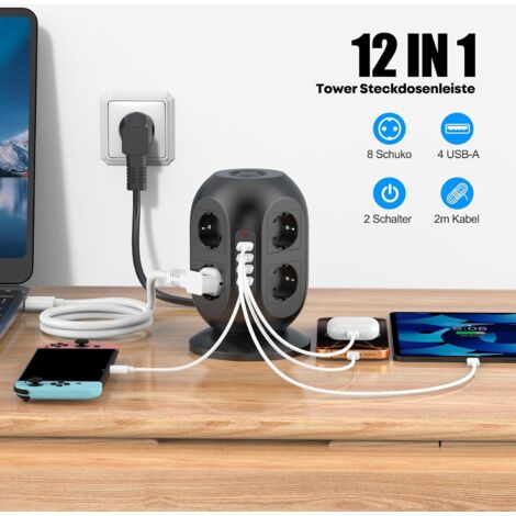 All-in-One-Steckdosenleiste: 8 AC-Steckdosen und 2 USB-Anschlüsse mit Überspannungsschutz, 2 m Kabel, Doppelschalter für Zuhause, Büro oder Studentenzimmer (Schwarz)