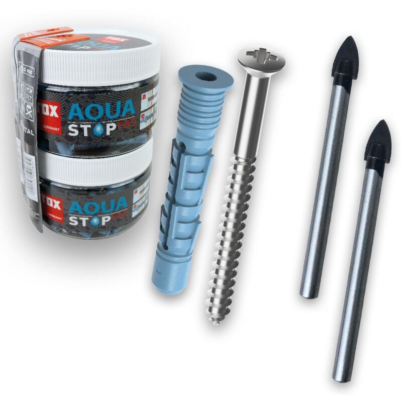 Chevilles à usage général Aqua Stop Pro 62pcs. 6x38/8x50 mm + vis + foret en boîte ronde