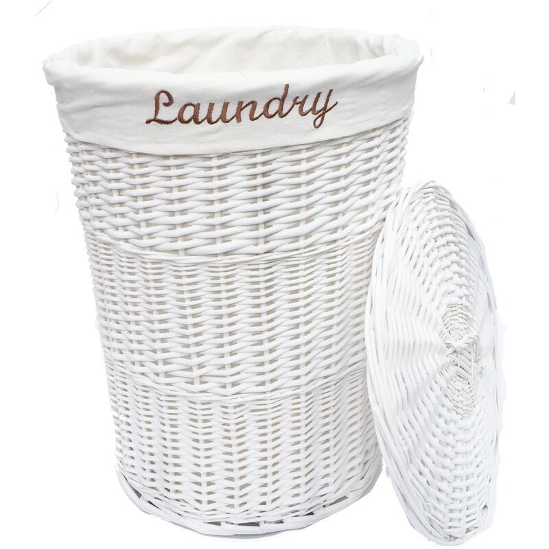 Wicker Round Laundry Basket With Lining [White Laundry basket (Medium)( 50x37cm)]