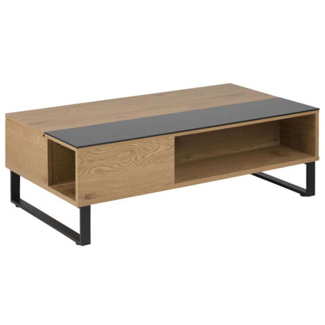 Allan Couchtisch mit Hebe/Senkefunktion und Aufbewahrung in Eiche Furnier und schwarzen Glas.
