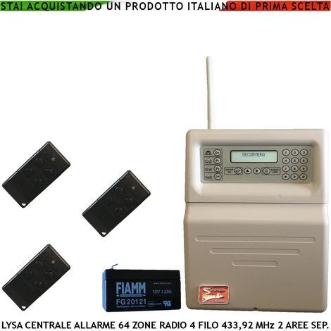 Allarme Radio Filo Lysa GSM Centrale 100 Zone Radio 433,92 MHz 16 Zone Filo 3 Aree 2 Radiocomandi Bidirezionali 4 Canali Memoria Eventi App Android Codici Utente e Tecnico GSM Ascolto Ambientale