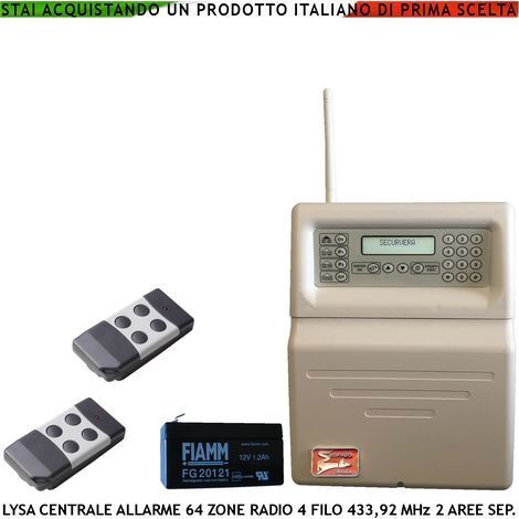 Allarme Radio Filo Lysa GSM Centrale Con 2 Radiocomandi 100 Zone Radio 433,92 MHz Supervisionate 16 Zone Filo 3 Aree Memoria Eventi App Android Gestione Codici Utente e Tecnico GSM Ascolto Ambientale