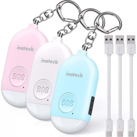 Allarme tascabile anti-aggressione ricaricabile, portachiavi, allarme di autodifesa con luce LED per donne, uomini, bambini e anziani, 130 dB, 3 pezzi, PA1001