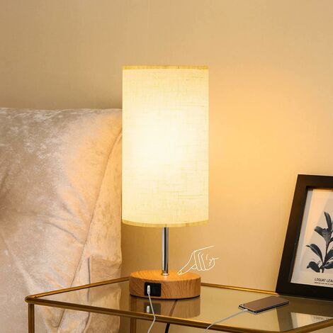 Allesin Lampe de Chevet Tactile, Ampoule 7W E27 (incl.) Lampe de Table avec 2 x Ports USB, Lampe de bureau avec abat-jour en tissu pour chevet, salon, chambre d'enfant, abat-jouren tissu