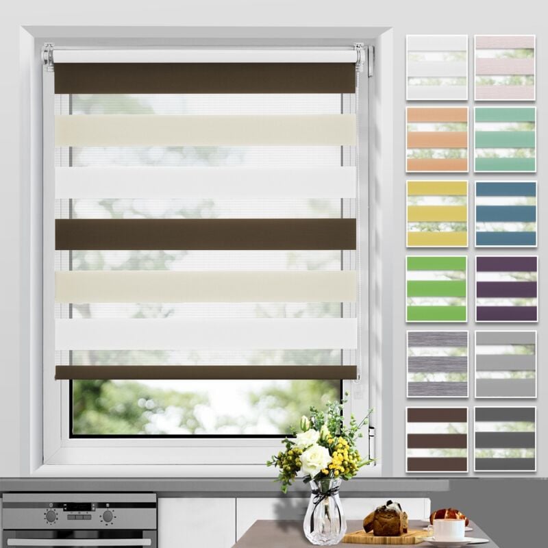 Allesin Store Enrouleur Jour Nuit sans Perçage, Facile à Installer avec Clips pour Fenêtre ou Porte, 85 x 120 cm, Blanc-Beige-Marron