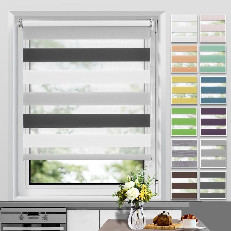 Allesin - Store Enrouleur Jour Nuit sans Perçage, Facile à Installer avec Clips pour Fenêtre ou Porte, 50 x 150 cm, Blanc-Gris-Anthracite