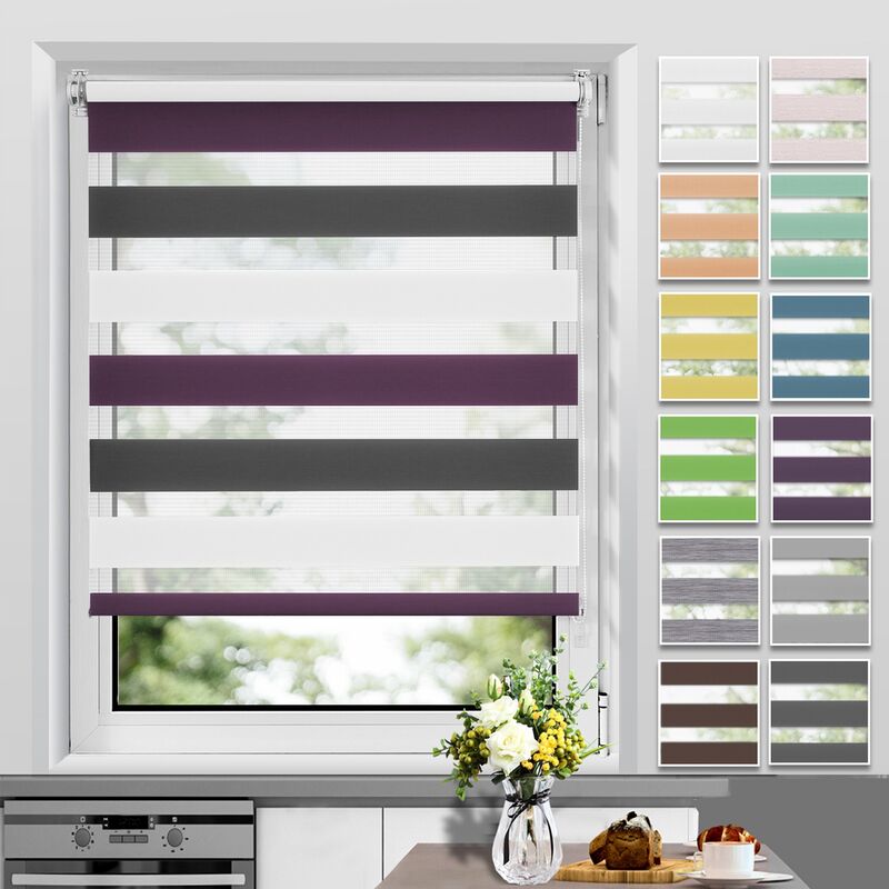 Allesin - Store Enrouleur Jour Nuit sans Perçage, Facile à Installer avec Clips pour Fenêtre ou Porte, 45 x 150 cm, Blanc-Anthracite-Aubergine