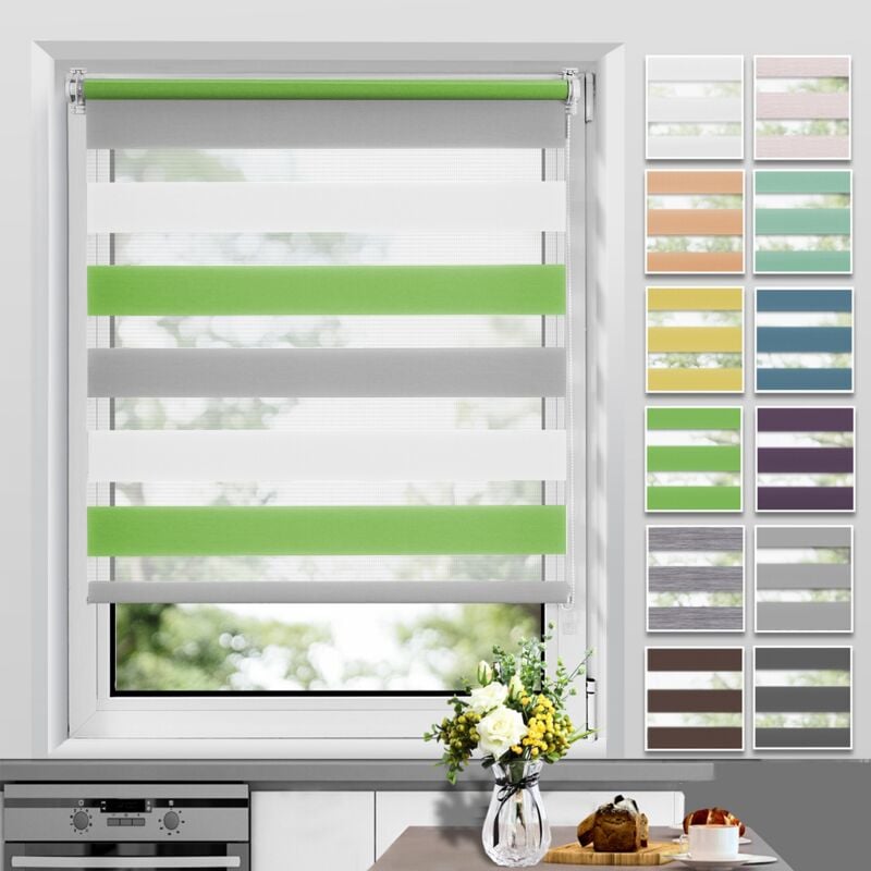 Allesin - Store Enrouleur Jour Nuit sans Perçage, Facile à Installer avec Clips pour Fenêtre ou Porte, 95 x 150 cm, Vert-Gris-Blanc