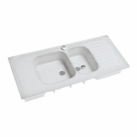 Allia – Évier 1,5 bac à poser blanc 140x60 cm – Trous amorcés pour robinetterie – Bondes inox Ø 62 avec bouchon – Trop-plein avec grille inox