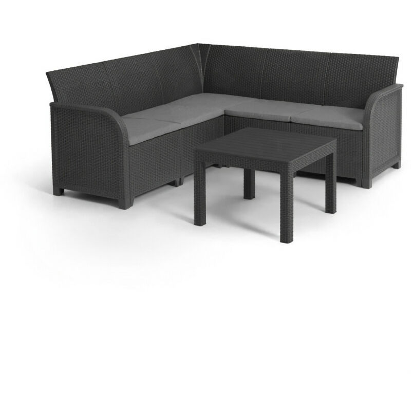 Canap? d'angle SanRemo 5 places imitation rotin tressé avec table basse - gris graphite - Allibert By Keter