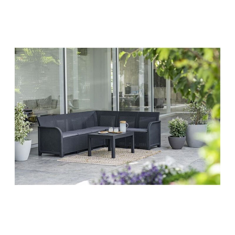 Canap? d'angle SanRemo 6 places imitation rotin tressé avec table basse - gris graphite - Allibert By Keter