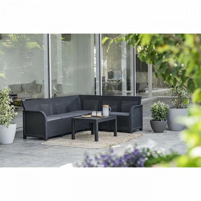 Canap? d'angle SanRemo 6 places imitation rotin tressé avec table basse - gris graphite - Allibert By Keter
