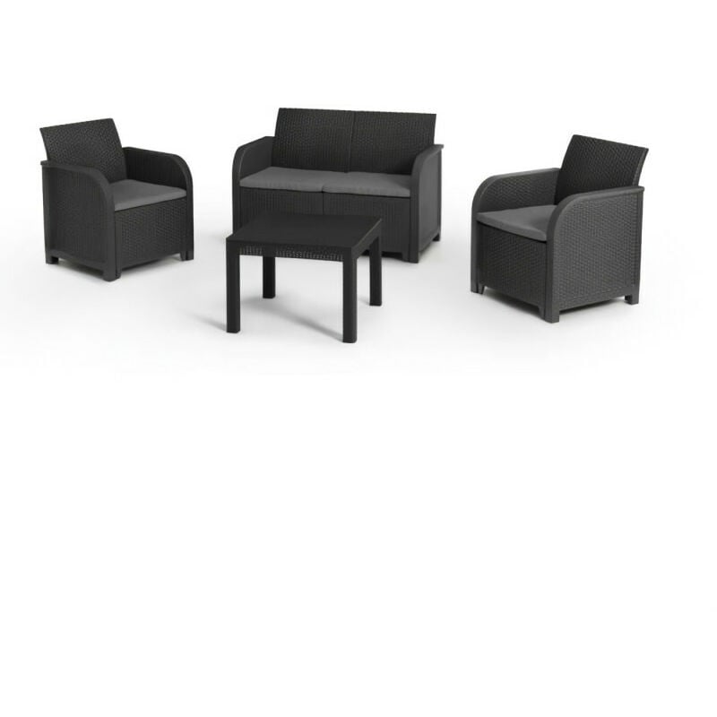 Salon de jardin SanRemo 4 places et table basse - imitation rotin tressé - gris graphite - Allibert By Keter